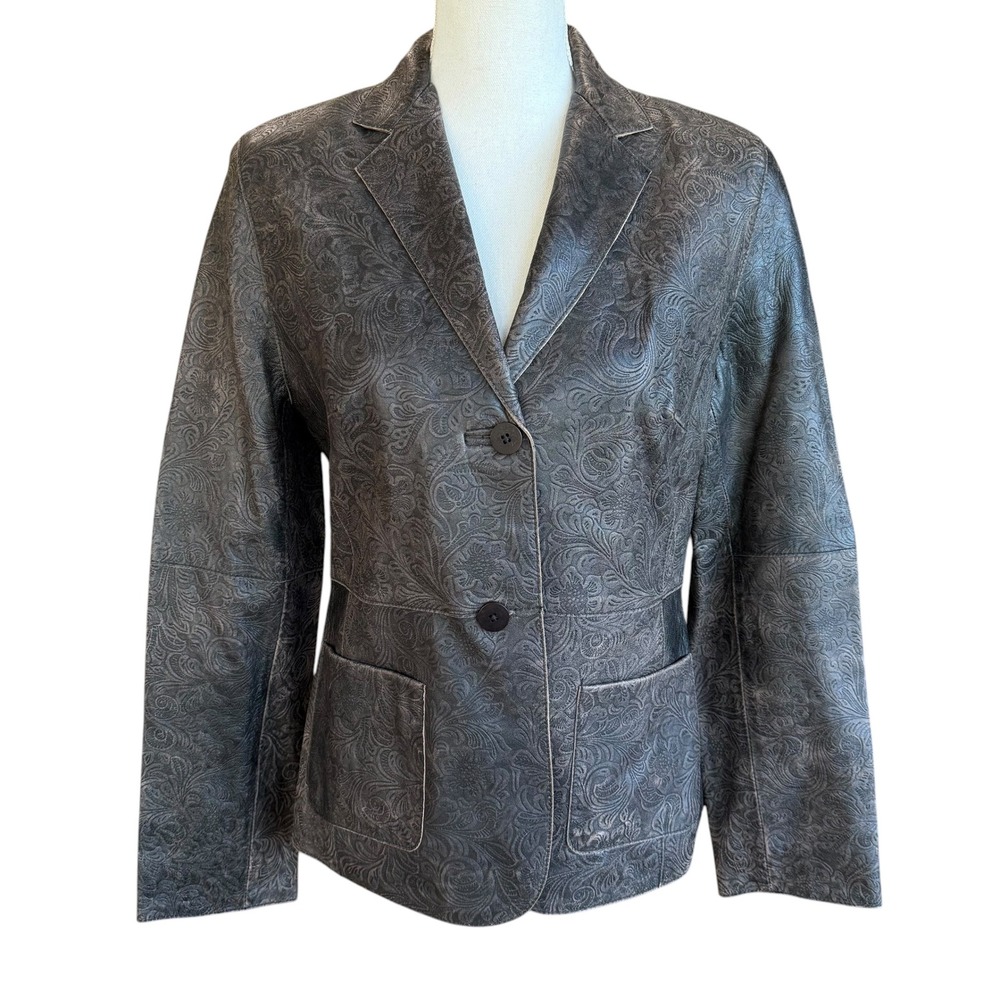 Valerie Separates Womens Small Brown Embossed Floral Paisley Leather Blazer